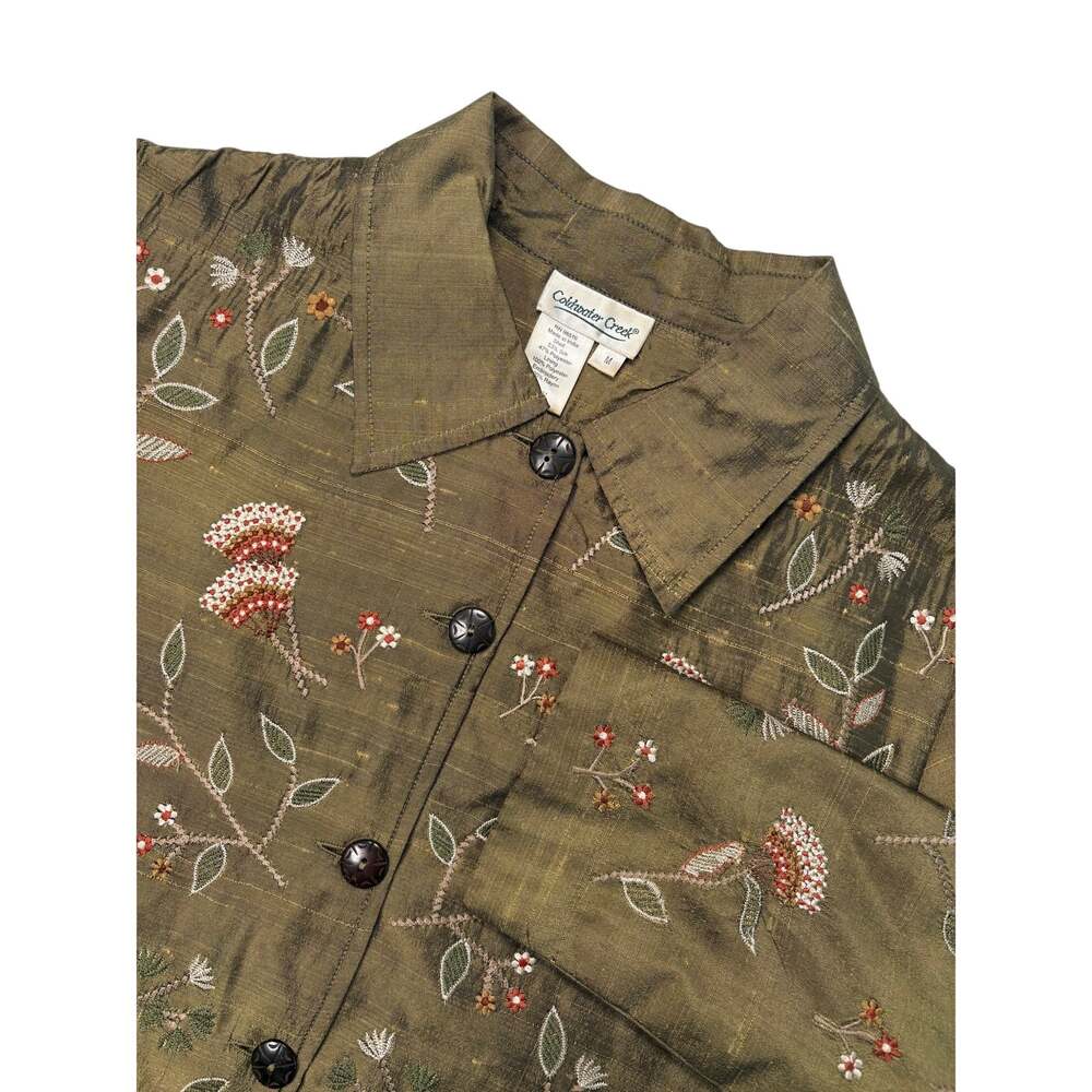 VTG Coldwater Creek Silk Blend Floral Embroidered Shacket Olive Green Size M